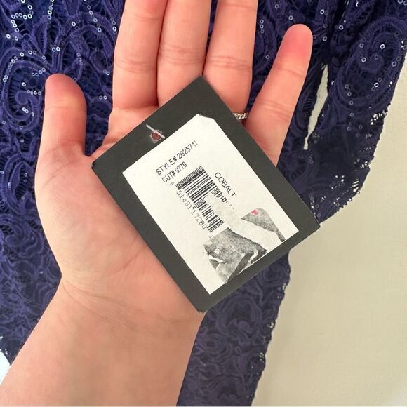 Marina Long Sleeve Illusion Neckline Sequined Lace Dress in Cobalt Blue - Picture 7 of 14